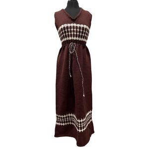 𝅺handmade Brown And White Cinch Waist Vintage Maxi Dress